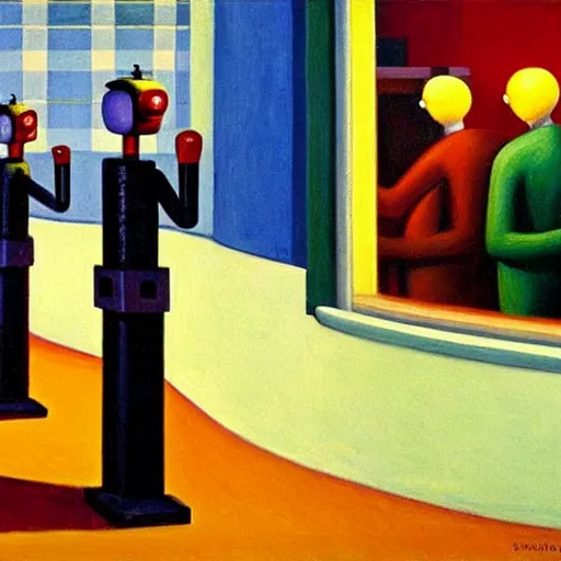 Prompt: robots queue up for ice cream, grant wood,! pj crook!,! edward hopper!, oil on canvas