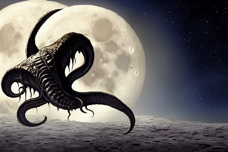 Prompt: Bob Belcher Cthulhu chimera on the photorealistic moon surface, high detail, movie poster, lunar, silhouetted