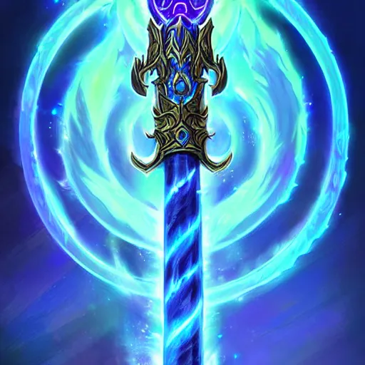 Image similar to bright weapon of warcraft blizzard wizard staff art, a spiral magical wizard staff. bright art masterpiece artstation. 8k, sharp high quality illustration in style of Jose Daniel Cabrera Pena and Leonid Kozienko, blue colored theme, concept art by Tooth Wu,