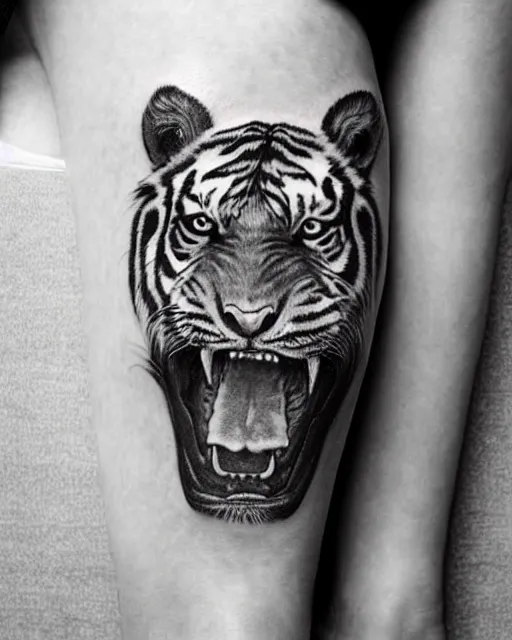 Image similar to a beautiful girl wearing a hat that looks like a tiger head, tattoo design, hyper realistic, hyper detailed, by eliot kohek