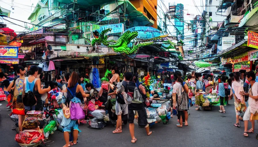 Image similar to a kaiju attack on bangkok street market