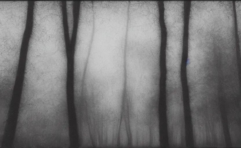 Prompt: silhouettes behind the trees, pinhole camera effect, lomography effect, analogue photo quality, monochrome, blur, unfocus, oil on linen, Chiaroscuro, painted by Giovanni Baglione