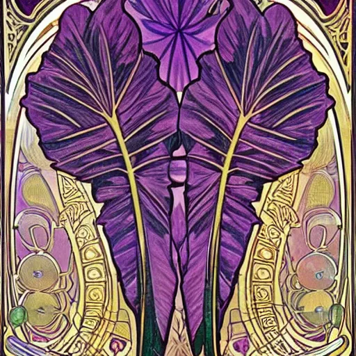 Image similar to beautiful, ornate, art nouveau purple palm leaves by alphonse mucha