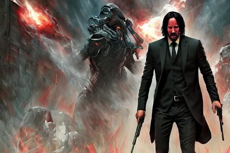 Image similar to keanu reeves as john wick, doom eternal concept art, killing demons, cinematic