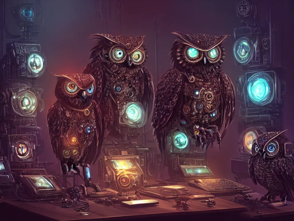 Image similar to an giant evil, malevolent, cyborg owls looking at a computer, surrounded by computer screens. steampunk, intricate, elegant, fantasy, highly detailed, digital painting, concept art, sharp focus, illustration, beautiful lighting, epic light, artstation, colorful, dramatic