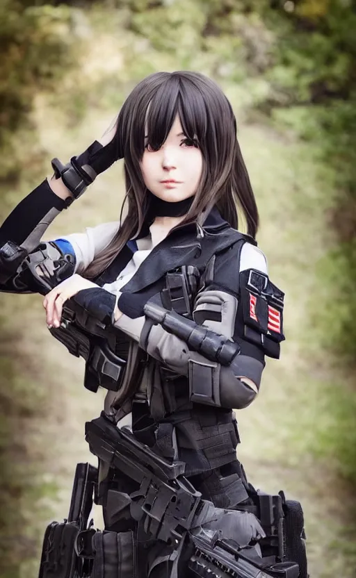 Image similar to portrait photo, highly detailed, high resolution, cosplay photo, stunning, girls frontline style, bokeh soft, 100mm, trending on instagram, by professional photographer, realistic human anatomy, real human faces, realistic military carrier, soldier clothing, mechanical exoskeleton supporting the body, modern warfare, realistic guns, shot with a canon, low saturation