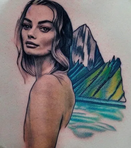 Image similar to creative double exposure effect tattoo design sketch of margot and beautiful mountains and nature, margot robbie and mountain scenery, realism tattoo, in the style of matteo pasqualin, amazing detail, sharp