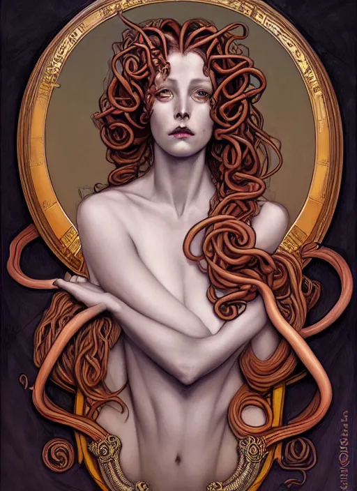 Image similar to an art nouveau, medusa portrait in the style of charlie bowater, and in the style of donato giancola, and in the style of charles dulac. very large, clear, expressive, intelligent eyes. symmetrical, centered, ultrasharp focus, dramatic lighting, photorealistic digital painting, intricate ultra detailed background.