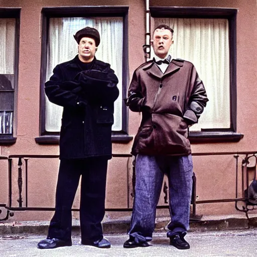 Image similar to portrait of alexandr zembatov and mikhail alontsev posing on a street in gangsta comedy of 1990s, movie shot, Lock, Stock and Two Smoking Barrels