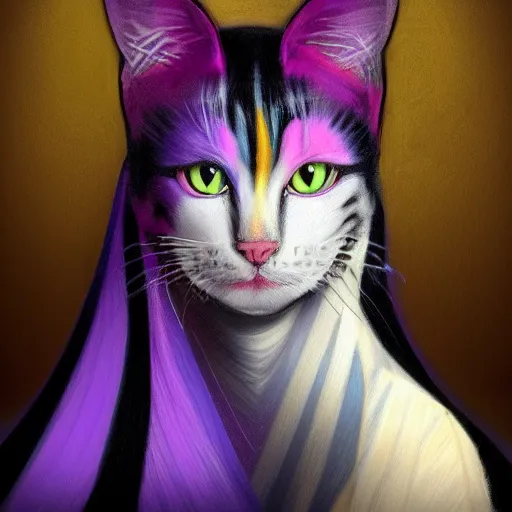 Prompt: beautiful neon colored striped cat with long black and purple wearing high priestess clothes in the style of artemisia gentileschi, 8 k realistic, trending in artstation, digital painting, studio quality, character design, smooth, sharp focus