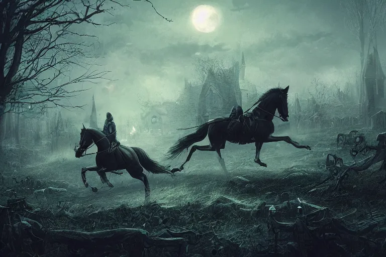 Image similar to the headless horseman riding at night night, spooky, wide angle, graveyard in distance, glossy design, soft texture, 8 k movie scene by marc simonetti