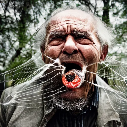 Image similar to National Geographic photo of angry old man with spiders in his mouth