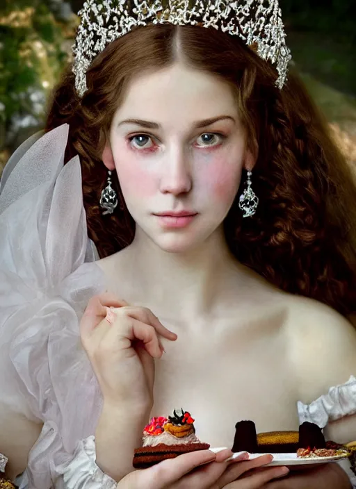 Prompt: closeup medieval renoir face portrait of a fairytale princess wearing a crown eating cakes in the castle, bikini, depth of field, zeiss lens, detailed and intricate environment, fashion photoshoot by nicoletta ceccoli, mark ryden, lostfish, breathtaking, 8 k resolution, extremely detailed, beautiful, establishing shot, artistic, hyperrealistic, octane render