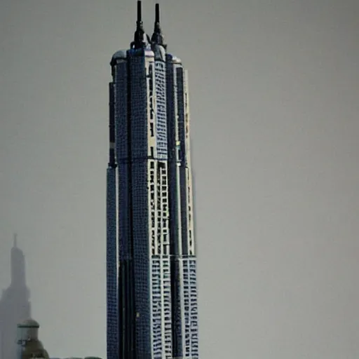 Image similar to Lego set of Twin towers being hit by a plane