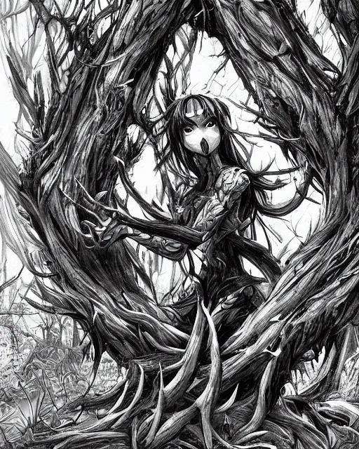 Image similar to A forest elemental, terrifying, black and white, fantasy art, monster art, in the style of masami kurumada, illustration, epic, fantasy, intricate, hyper detailed, artstation, concept art, smooth, sharp focus, ray tracing