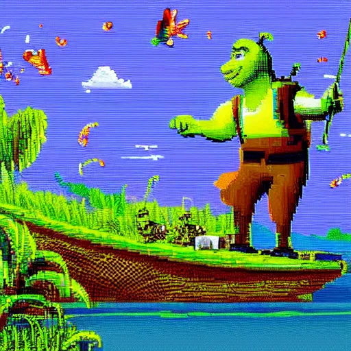 Image similar to expensive pixel work, dithered masterpiece, pixel art shrek fishing on a sailboat