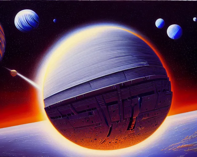 Prompt: painting of an interstellar dyson sphere, robert mccall, rick guidice, noah bradley, jim burns, les edwards, very coherent, extremely detailed, symmetric, 4 k resolution, hd