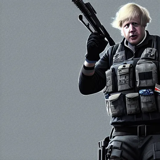 Image similar to boris johnson as a rainbow six siege operator, 4 k, highly detailed