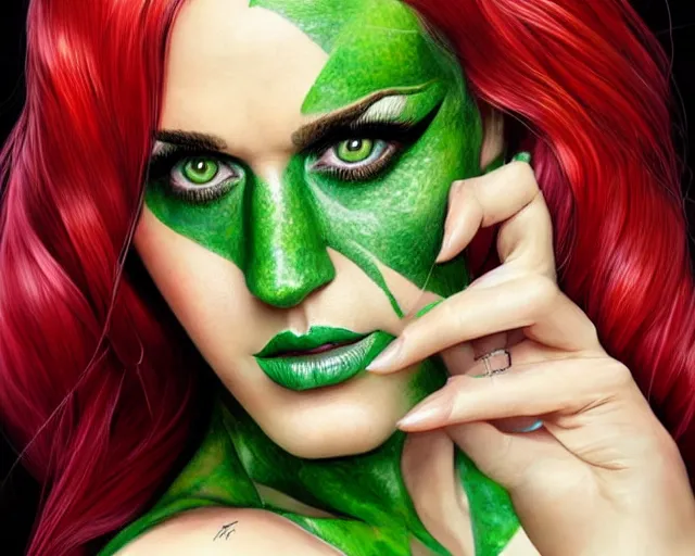 Prompt: hyper - realistic digital art, katy perry as a poison ivy, intense fan art, perfectly detailed, perfect human figure, comic book cover art, sharp, smooth, ultra fine detail, art by artgerm, wlop, rutkowski