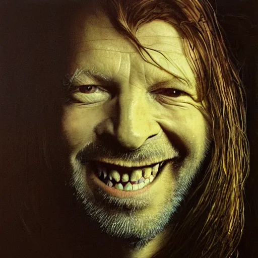 Image similar to album art portrait of aphex twin, richard d james, grinning, painted by zdzislaw beksinski