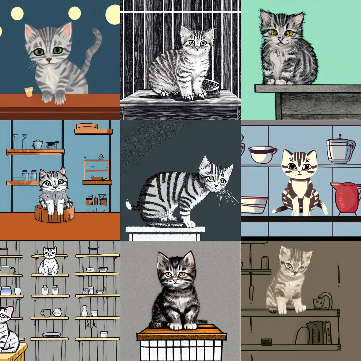 Prompt: cottagecore illustration of grey tabby kitten sitting on top shelf in the kitchen, dramatic lights, fine detail, animation key by Disney