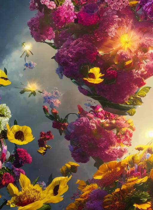 Image similar to An epic fantastic realism comic book style painting of the most beautiful flowers launched into space, bouquets, fisheye lens, unreal 5, DAZ, hyperrealistic, octane render, dynamic lighting