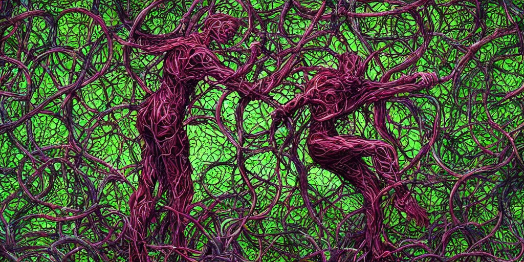Image similar to a person trapped in extremely thick vines intertwined, central composition, high saturation, epic lighting, in the style of Peter gric and Hannah yata 8k
