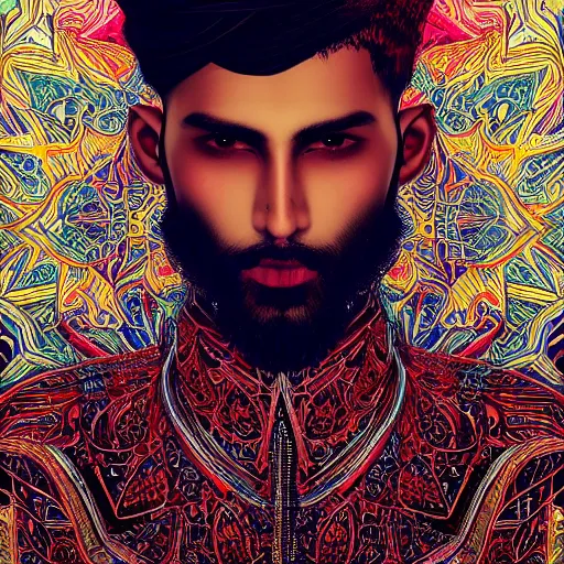 Prompt: portrait of an afghani male model, an ultrafine detailed illustration by james jean, intricate linework, bright colors, final fantasy, behance contest winner, vanitas, angular, altermodern, unreal engine 5 highly rendered, global illumination, radiant light, detailed and intricate environment