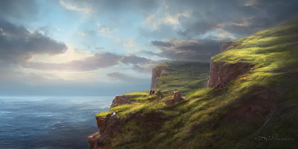 Prompt: Field on the edge of a cliff overlooking the ocean by Jessica Rossier