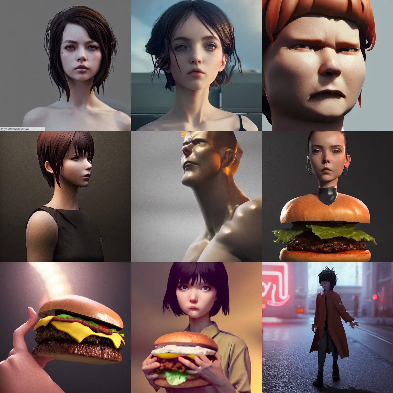 Prompt: Clothed,worksafe.at CGSociety by WLOP,ilya kuvshinov,krenz cushart,Greg Rutkowski,trending on artstation.Zbrush sculpt colored,Octane render in Maya,Houdini VFX.Close-up hamburger.Cinematic dramatic atmosphere,sharp focus,soft volumetric studio lighting.