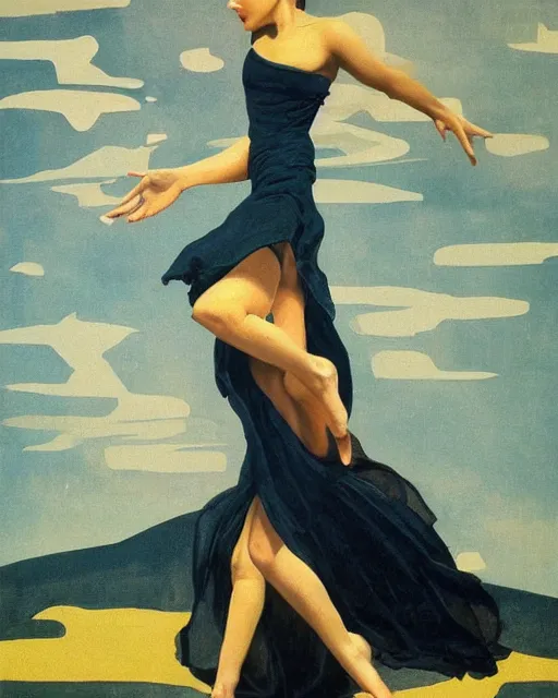 Prompt: portrait of a woman, female figure in maxi dress, sky, thunder clouds modernism, dynamic pose, dance, morning dramatic cinematic light, low poly, low poly, low poly, industrial, soviet painting, social realism, barocco, Frank Frazetta, Dean Ellis, Detmold Charles Maurice, gustav klimt, levitation, movie poster 1993 anime