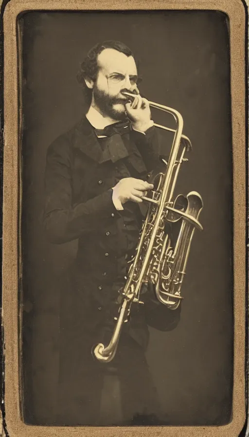 Prompt: daguerreotype of angry trumpet man Douglas Levison,