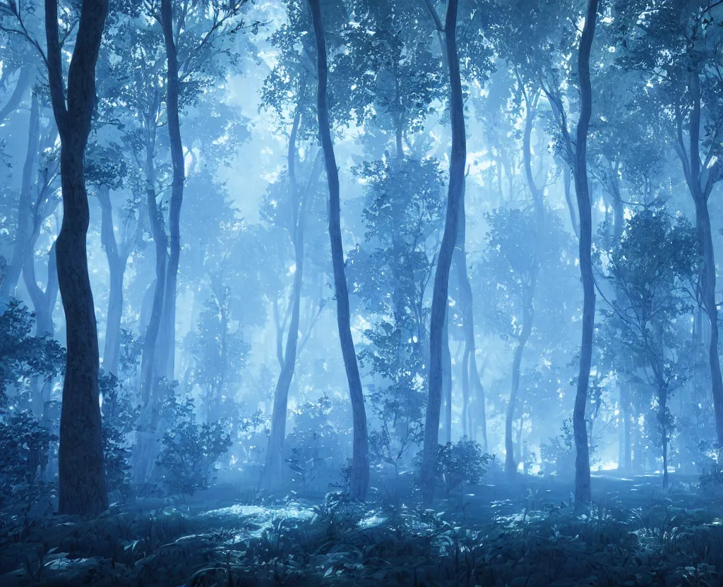 Image similar to blue forest, glowing, unreal engine 5, raytracing, shader, digital art, highly detailed, artstation, octane render