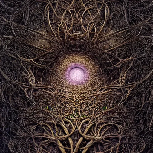 Image similar to an intricate and detailled illustration close - up of intricate fractal mandelbulb made of smoke and vines, lot of eyes, rendered in cinema 4 d, by esao andrews and karol bak and zdzislaw beksinski and zdzisław beksinski, trending on art station