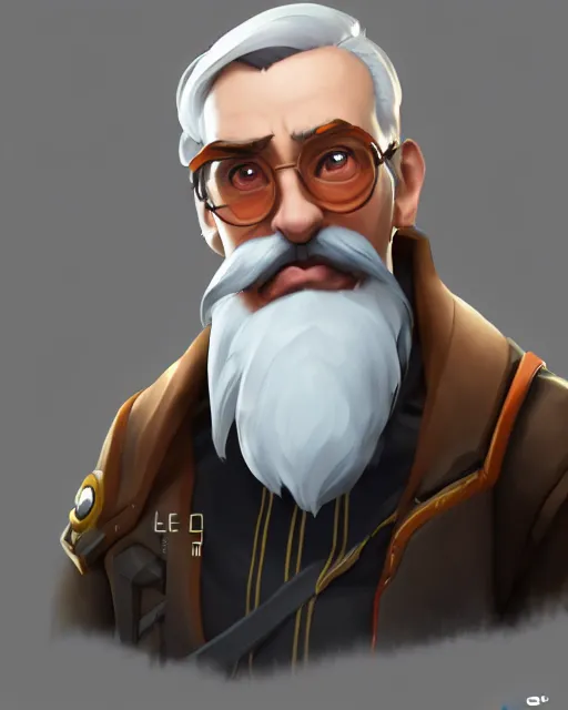 Image similar to overwatch concept art character portrait of a new character who is an elderly man with a long curly blue beard and spectacles, trending on artstation, cgsociety,