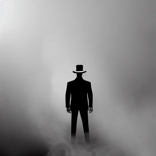 Prompt: mysterious man in black suit and black hat, he has a pistol, smoke, fog, mysterious, 4 k, highly detailed, digital art, strong shadows, high contrast, epic scene, atmospheric, blue colours, trending on artstation