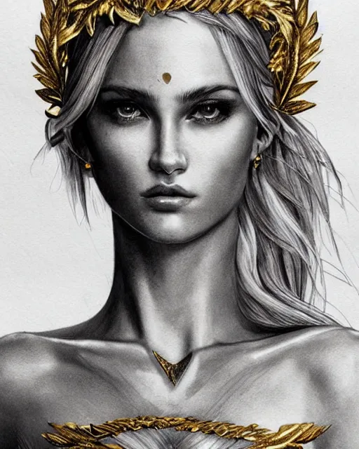 Image similar to tattoo sketch of beautiful super model aphrodite greek goddess wearing a gold laurel wreath and triangle earrings, beautiful piercing gaze with sharp pupils, beautiful blonde hair, in the style of greg rutkowski, fantasy, amazing detail, epic, elegant, smooth, sharp focus, front view