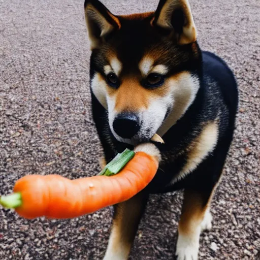 Image similar to a shiba inu eating a carrot, high quality, high resolution