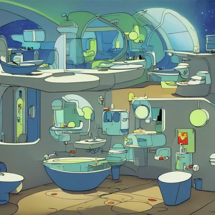 concept art of jetsons cartoon bathroom, painted by | Stable Diffusion