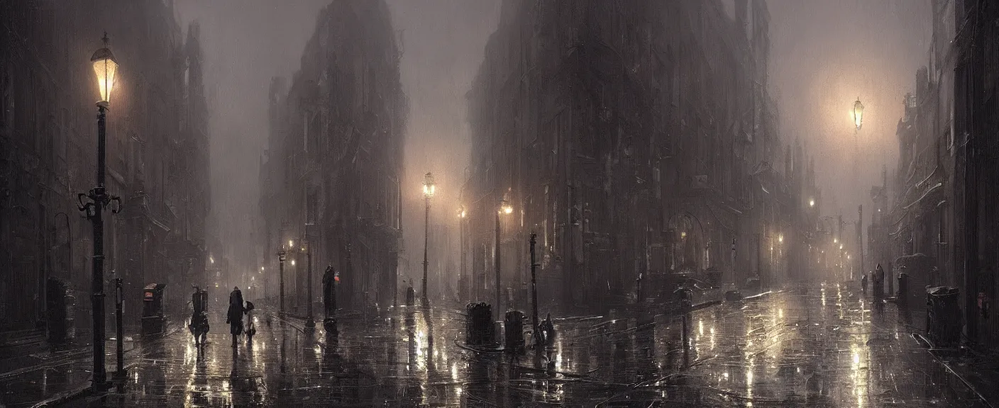 Image similar to Industrial age London street at night, dimly lit by gaslight, eerie, painting, by Greg Rutkowski