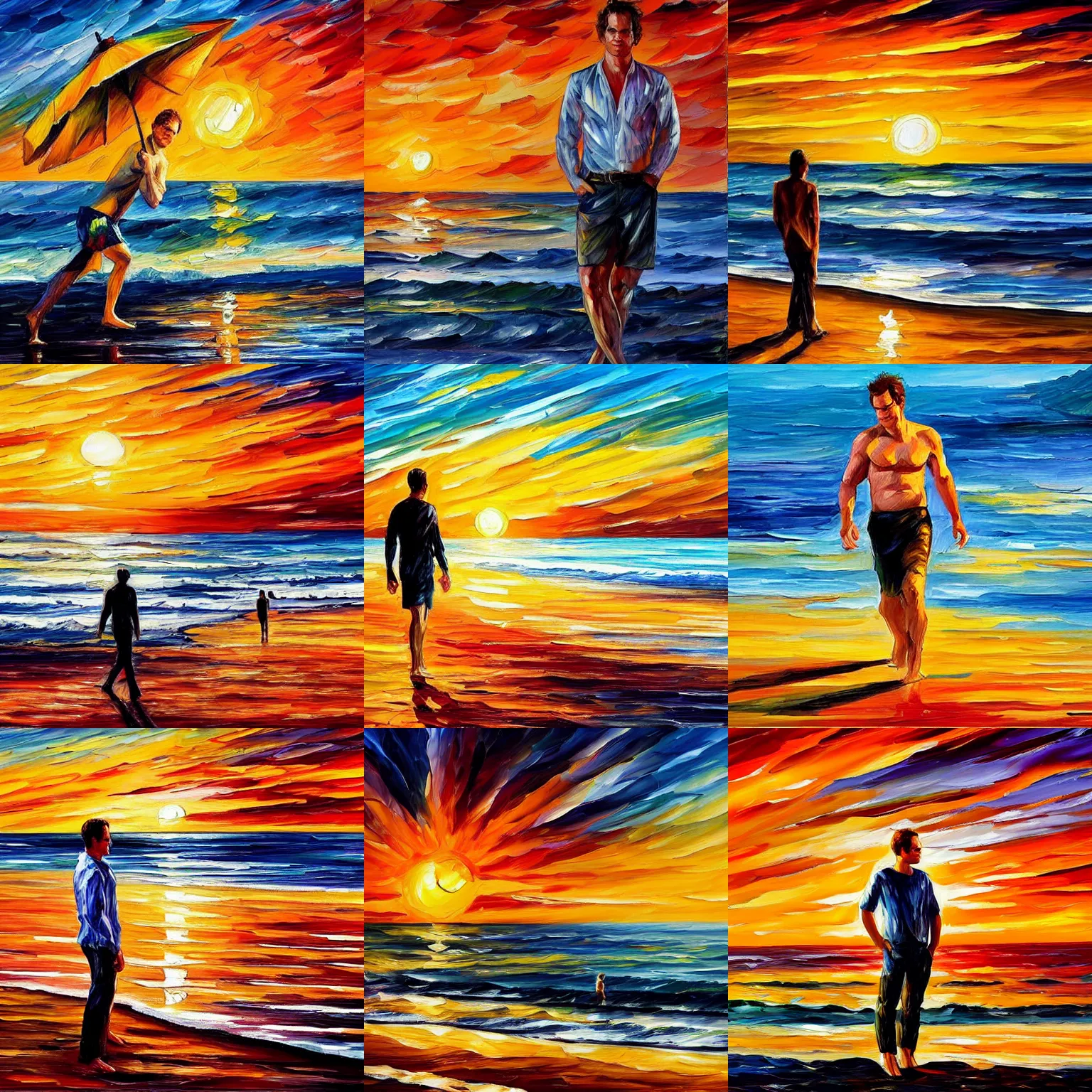 Prompt: michael c hall on the beach, sunset, leonid afremov style, sunny, warm colors