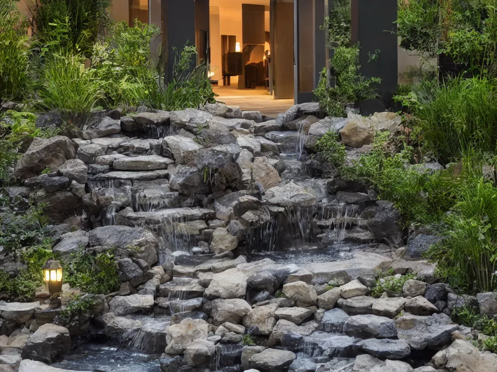 Prompt: outdoor design, a small waterfall between two glass residentials, cinematic lighting, smooth, high details, realistic