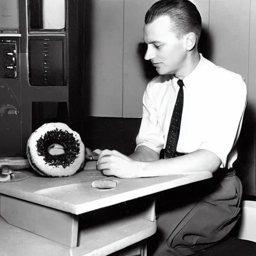 Image similar to an early 1950s photo of someone sitting at a computer making a donut in blender3d