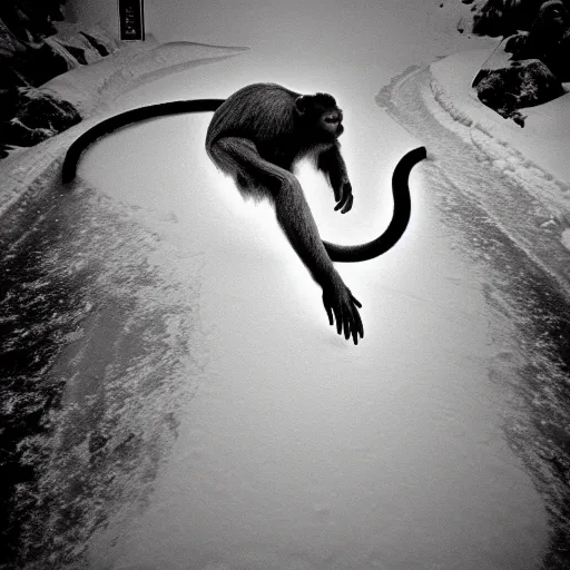 Image similar to Award winning photograph of a gigantic ancient monkey emerging from the snow to destroy time. Vintage large format film photograph