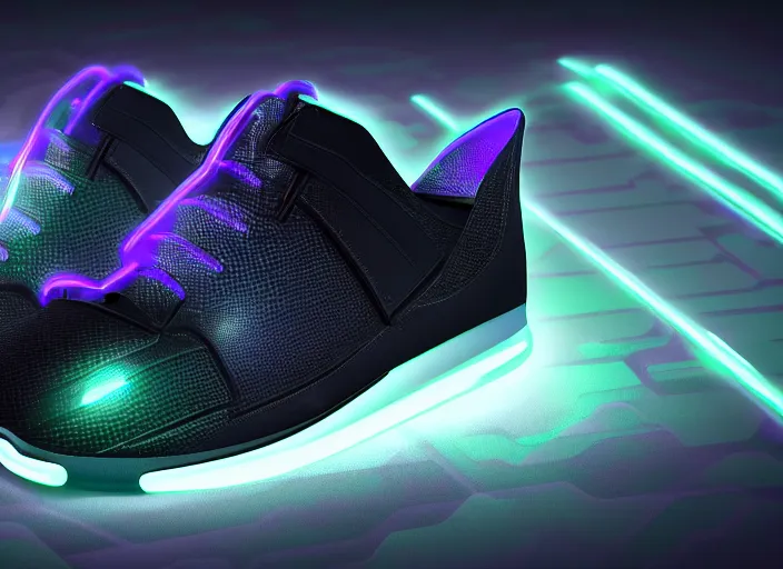 Prompt: futuristic generative design sneakers with neon lights in the style of cyberdog, product shot, dynamic lighting, octane render