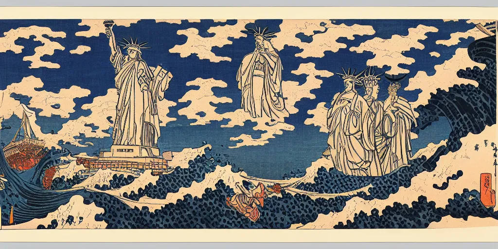 Prompt: i, Statue of liberty by Hokusai