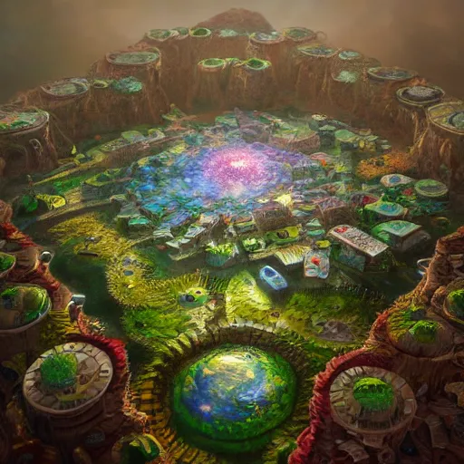 Image similar to minature tabletop city made of flower petals, in the style of tomasz alen kopera and fenghua zhong and peter mohrbacher, mystical colors, rim light, beautiful lighting, 8 k, stunning scene, raytracing, octane, trending on artstation