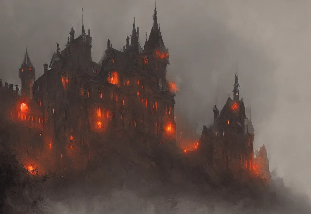 Prompt: a castle on fire, night, foggy, gloomy, mysterious, artstation, jakub rozalski, high detail