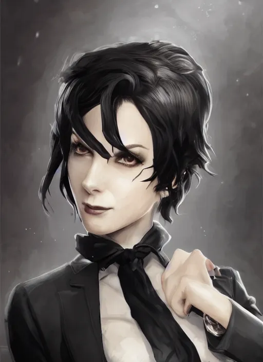 Image similar to a highly detailed illustration of beautiful short black messy haired woman wearing eyepatch!!! and noir style suit and tie, dramatic smiling pose, intricate, elegant, highly detailed, centered, digital painting, artstation, concept art, smooth, sharp focus, league of legends concept art, WLOP