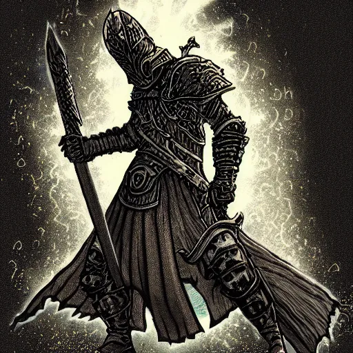 Image similar to a sticker illustration of a dark souls lord battling the unknown